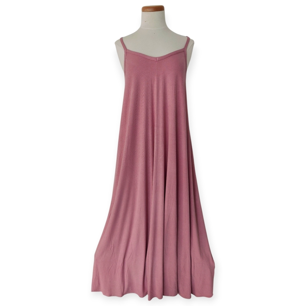Posh Peanut Pink Maxi Dress Ribbed Viscose Minimal Feminine Dusty Rose Trapeze